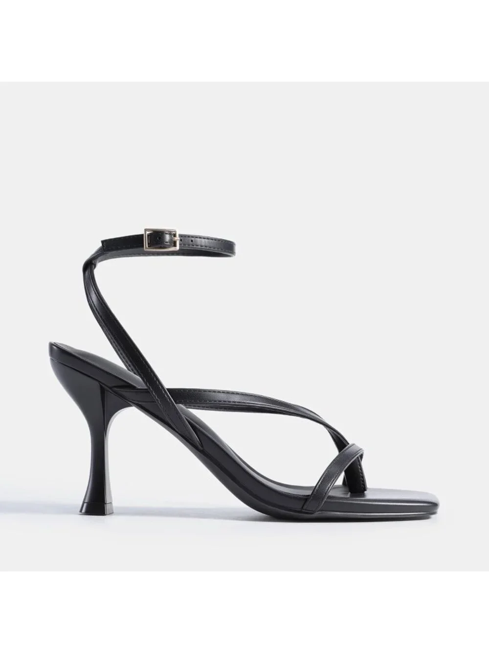 Women's Black Faux Leather Square Open Toe Flip Flop Ankle Strap High Heels